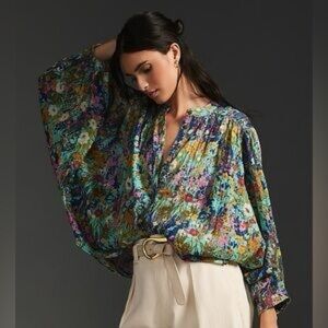 Pilcro Anthropologie Floral Boho Blouse Multicolor Long Sleeve Size S